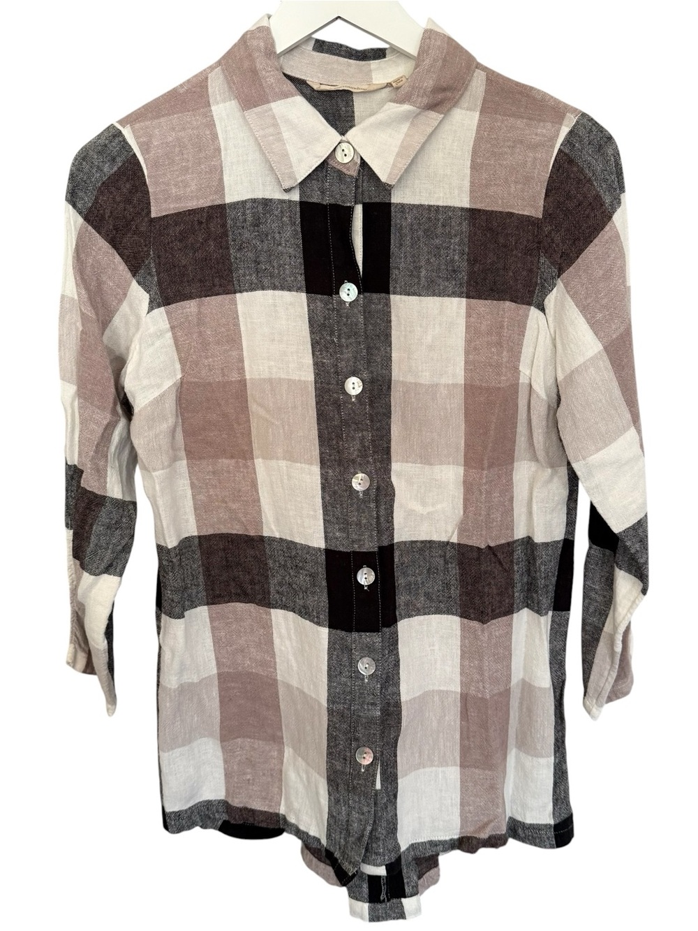 Soft Surroundings Linen Blend Plaid Carreaux Shirt Small Button Front Back Zip